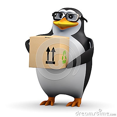 3d Penguin carrying a cardboard box Stock Photo