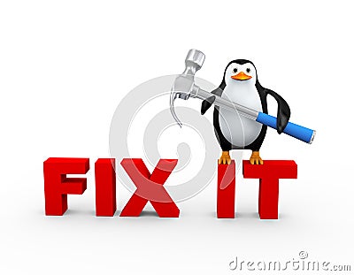 3d penguin with claw hammer on fix it Cartoon Illustration