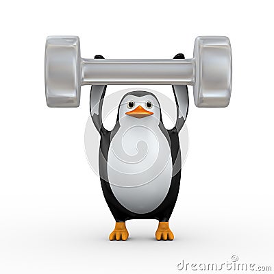 3d penguin holding big dumb bell Cartoon Illustration