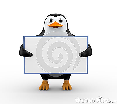 3d penguin holding empty board Cartoon Illustration