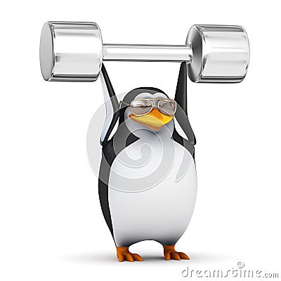 3d Penguin lifts weights above his head Stock Photo