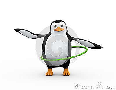 3d penguin plays hula hoop exercise Cartoon Illustration