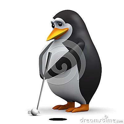 3d Penguin putting a golf ball Stock Photo