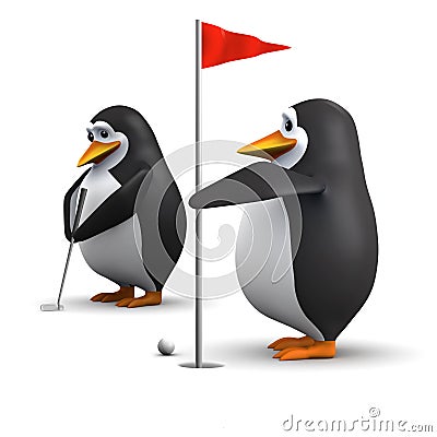 3d Penguin putts the ball into the hole Stock Photo