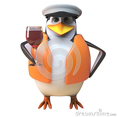 3d penguin sailor captain character drinking a glass of red wine, 3d illustration Cartoon Illustration