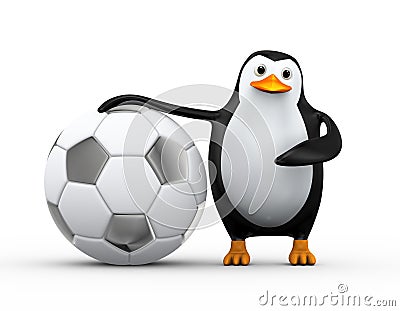 3d penguin soccer player with large football Cartoon Illustration