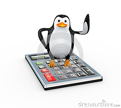 3d penguin standing on calculator Cartoon Illustration