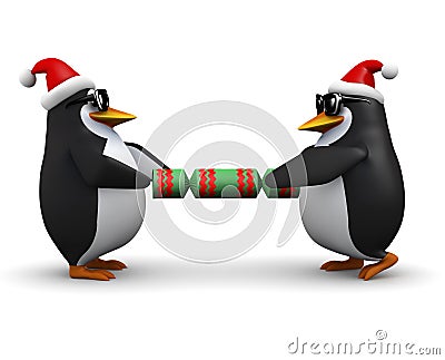 3d Penguins pulling a Christmas cracker Stock Photo