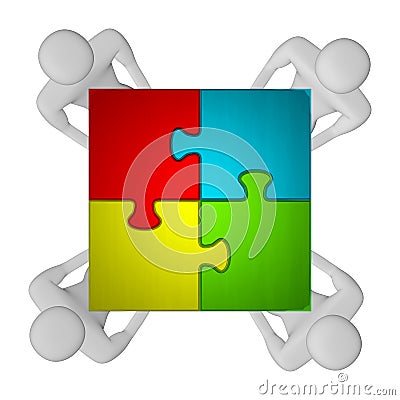 ï»¿3d people with assembled multicolor puzzle top view Stock Photo