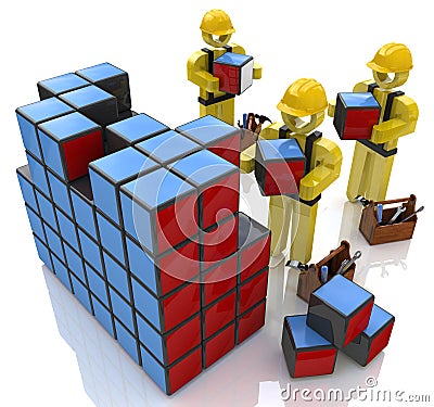 3d people character, in construction helmets to build cubes Stock Photo