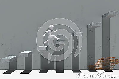 3d people character running up on stairs. Stock Photo