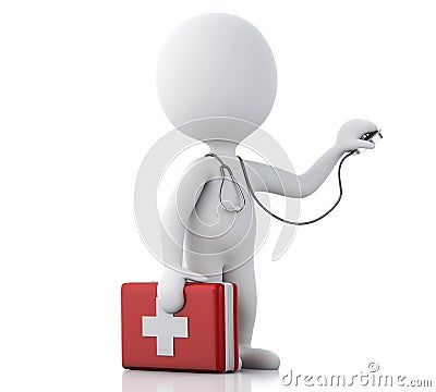 3d people doctor with a stethoscope and first aid kit Cartoon Illustration
