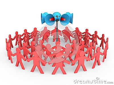 3d people gather around loudspeakers Stock Photo