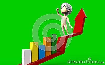 3d people - happy human character standing on diagram and bars of success Cartoon Illustration