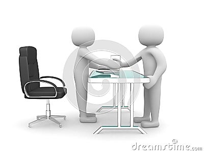 3d people - man, person hand shaking with another guy at office. Stock Photo