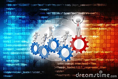 3d business person running in gear wheels. Businessman and gear mechanism Stock Photo