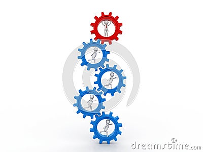 3d people - man, person running in gear wheels. Businessman and gear mechanism, Team Work Concept Stock Photo