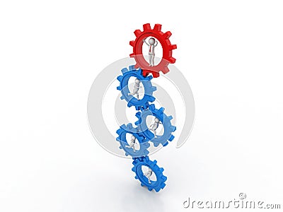 3d people - man, person running in gear wheels. Businessman and gear mechanism, Team Work Concept Stock Photo