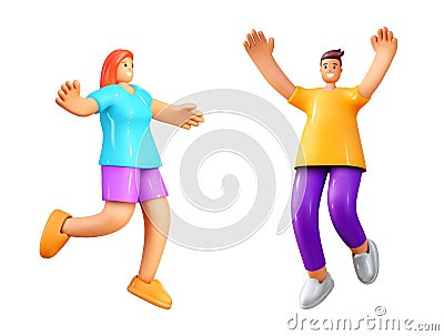 3d people. Render icon, person happy woman and man, celebrate active girl ,young jumping boy, movement jump, fly student Vector Illustration