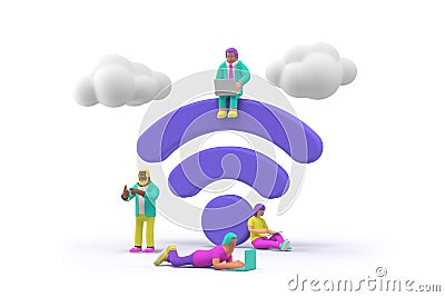 3D People Surfing Internet near WiFi symbol rendering. Public free Wi-Fi hotspot zone Wireless Connection Stock Photo
