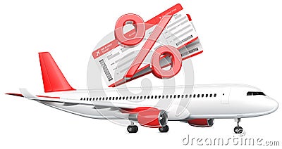 3D Percent or discount Symbol with airline boarding pass tickets over the commercial airplane, passenger plane, 3D Stock Photo