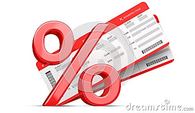 3D Percent or discount Symbol with Two red airline boarding pass tickets isolated on white. 3d rendering. As a concept Stock Photo
