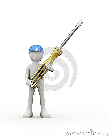 3d person in blue helmet holding screwdriver Cartoon Illustration