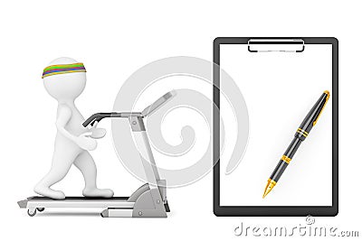 3d Person over Treadmill in front of Clipboard with Blank Paper. Stock Photo