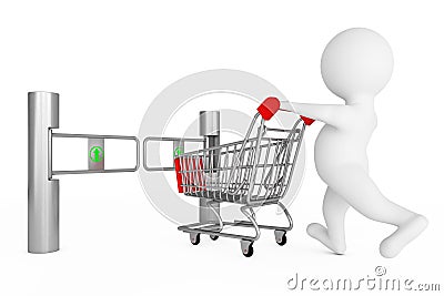 3d Person with Shopping Cart in front of Shop Turnstile Entrance Stock Photo