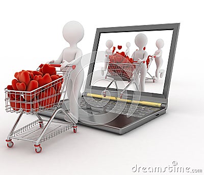 3d persons pushing a trolleys with red hearts out of laptop. Stock Photo