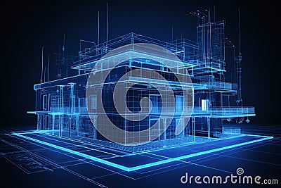 3d perspective blueprint building scan line, Generated AI Stock Photo