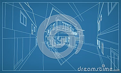 3D perspective render of building wireframe structure. Abstract construction graphic idea. Vector Cartoon Illustration