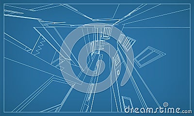 3D perspective render of building wireframe structure. Abstract construction graphic idea. Vector Cartoon Illustration