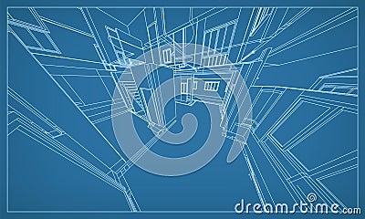 3D perspective render of building wireframe structure. Abstract construction graphic idea. Vector Cartoon Illustration