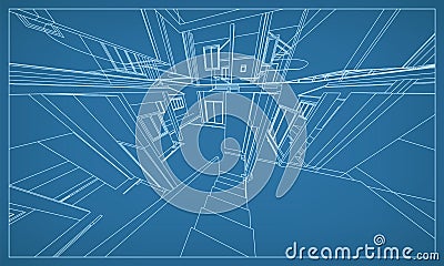 3D perspective render of building wireframe structure. Abstract construction graphic idea. Vector Cartoon Illustration