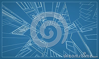 3D perspective render of building wireframe structure. Abstract construction graphic idea. Vector Cartoon Illustration