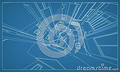 3D perspective render of building wireframe structure. Abstract construction graphic idea. Vector Cartoon Illustration