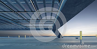 3d perspective view of empty concrete floor and modern rooftop building Stock Photo