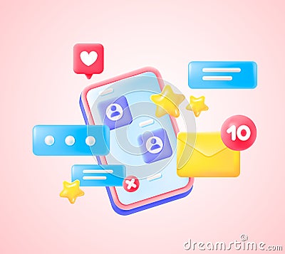 3d phone with messenger, open dialogues and rating with stars and likes. Online communication in the app on the phone. Vector Illustration