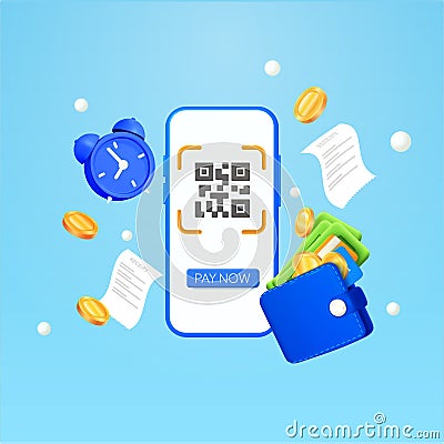 3d phone with qr code screen, pay now button, alarm, coins and receipts flying around, digital wallet with dollars Vector Illustration