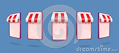 3D phone shop. Internet store icon. Smartphone screen with awning. Online market application. Striped canopy. Food or Vector Illustration