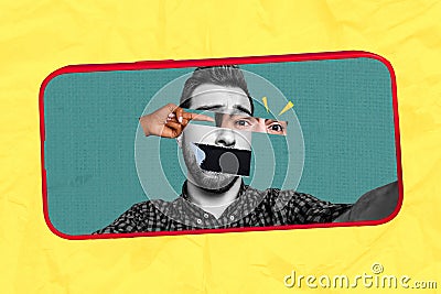 3D photo collage composite artwork sketch image of young guy blogger make selfie mouth covered keep silent eyes go down Stock Photo