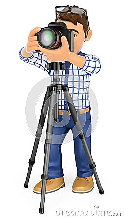 3D Photographer with camera and tripod taking a picture Stock Photo