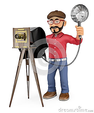 3D Photographer taking a photo with a vintage camera Cartoon Illustration