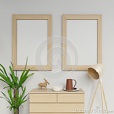 3d photorealistic home interior render of two a1 poster mockup design template with vertical wooden frame hanging on the clean Stock Photo
