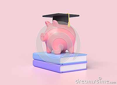 3d pig piggy bank in a black graduation cap stands on a stack of books. Saving money, investing in education. bank loan to pay for Cartoon Illustration