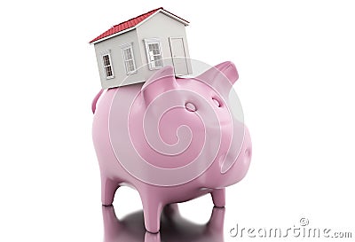 3d Piggy bank with coins and house. Cartoon Illustration
