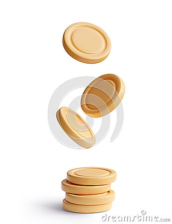 3D pile of coins or stack of metal currency, tower of glowing money on white background. Banking and economy, investment Stock Photo