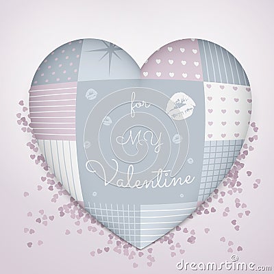 3D pillow in shape of a heart with patchwork. Sensual blue and rose shades. Valentine's day. Vector Illustration