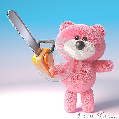 3d pink fluffy teddy bear cuddly toy holding a chainsaw, 3d illustration Cartoon Illustration